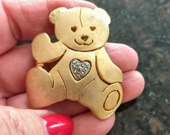 Unique Gold Plated Teddy Bear Brooch/Marcasite Heart Teddy Bear Pin/Brushed Gold Cutout Baby Bear Brooch/Signature  Vintage Teddy Bear/No267