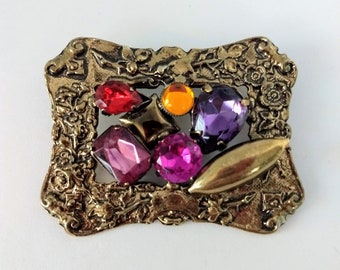 Large Rectangular Brooch/Unique Multicolor Big Glass Stones Statement Modern Cluster Glass Designed Antique Gold Tone Pin/Gift For Her/N.023
