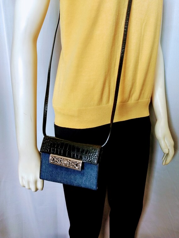 BRIGHTON Leather Crossbody Wallet Bag black Crock Embossed Leather Dark Blue Fabric Designer Silver Decor adjustable Strap gift Idea n356 Etsy Ireland