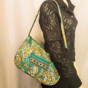 VERA BRADLEY Emerald Peacock Zippered Shoulder Bag/Bright Turquoise and Yellow Paisley Pattern Quilted Cotton Soft Bag/945