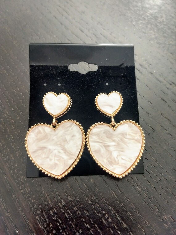 White and Gold Double Hearts Earrings/Unique Quali