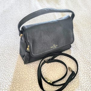KATE SPADE Black Leather Crossbody Handbag/Cow Pebble Leather Snap and Zipper Closure Designer Bag/Removable shoulder Strap/Gift For Her/052