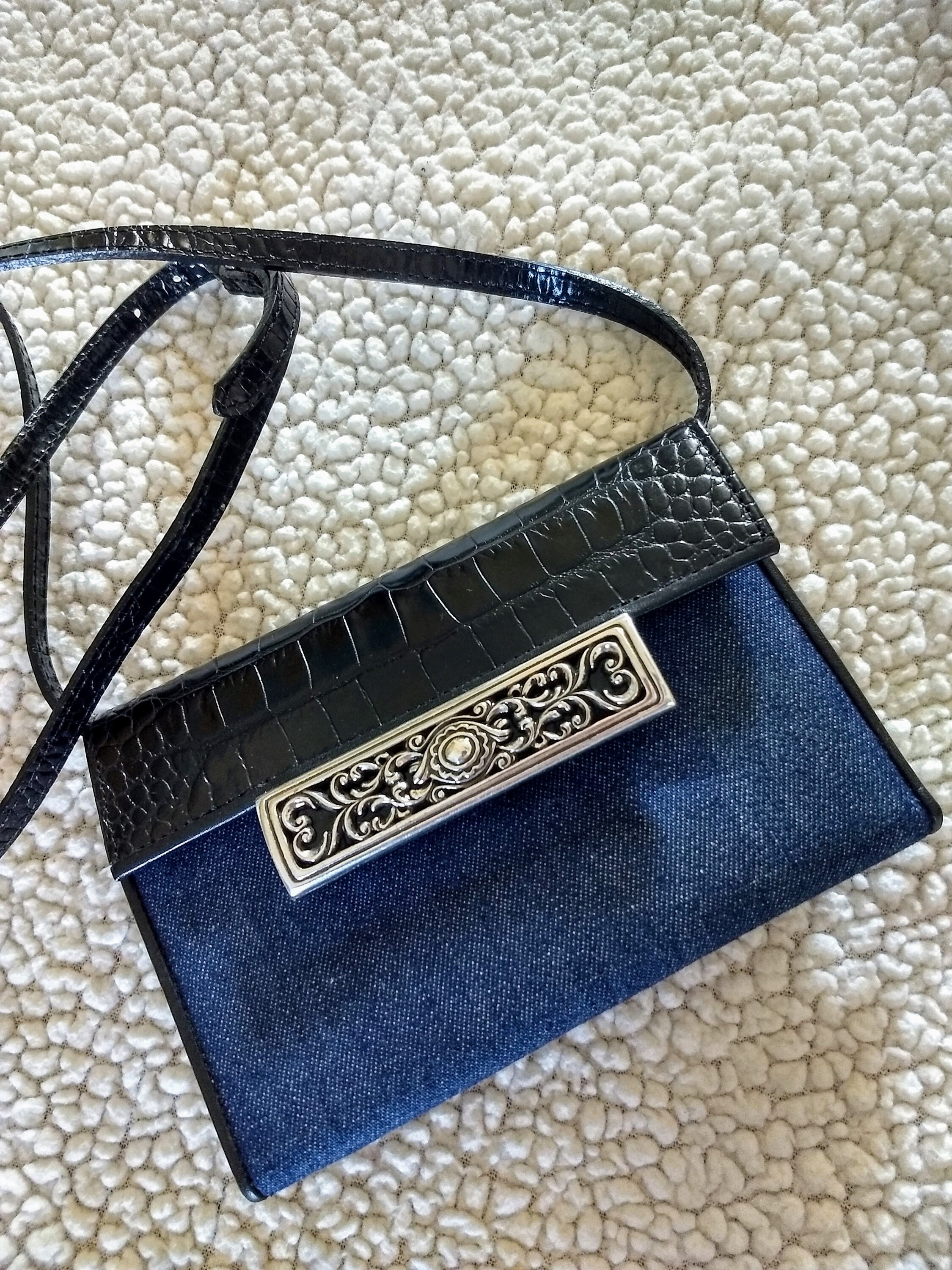 BRIGHTON Leather Crossbody Wallet Bag black Crock Embossed Leather Dark Blue Fabric Designer Silver Decor adjustable Strap gift Idea n356 Etsy Ireland