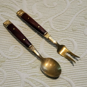 Vintage Siam Demitasse Set of Spoon and Fork/Brass and Rosewood Decorative Serving Set/Thailand Brass Décor Small Serving Set/Gift Idea/754