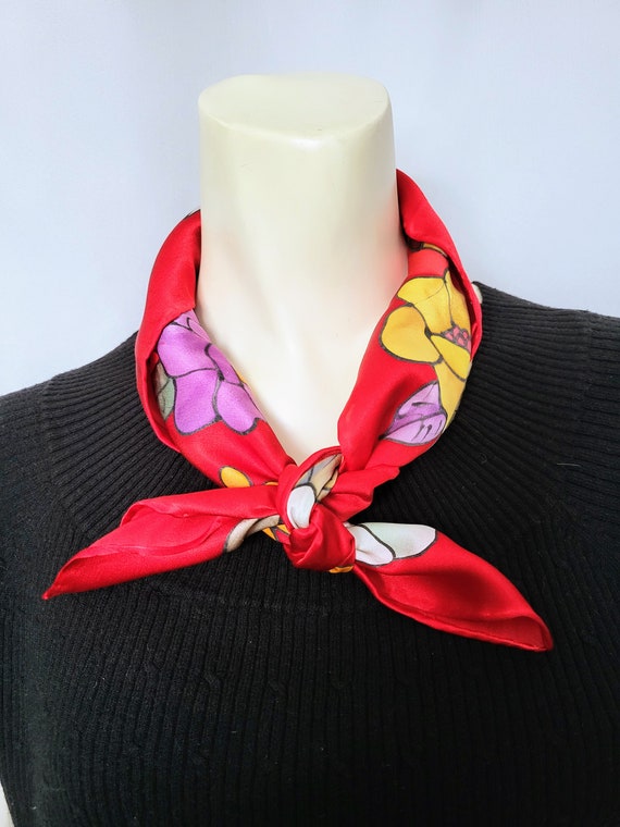 PURE SILK Square Scarf/Hand Rolled Super Soft Red… - image 4