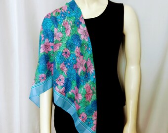 ITALIAN Square Spring Scarf/Blue and Pink Floral Print Silky Soft Pastel Colors Medium Size Scarf Neck Wrap by BERKSHIRE/Gift For Her/No.037