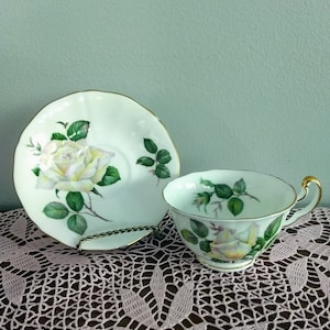 ADDERLEY Rare Tea Cup and Saucer/Single White Rose  &quot;POUR TOI&quot; Hand Painted Collectible English Fine Porcelain Tea Cup Set/Gift Idea/No.648