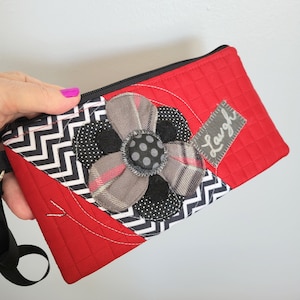 Unique Red Quilted Decorated Wristlet/Multicolor Flower Decor Rare Small Clutch Makeup Cosmetic Party Bag/Gift For Her/Gift Idea/No.812