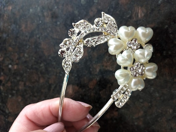 Silver Pearl and Rhinestone Hair Pin,Bridal Prom … - image 1