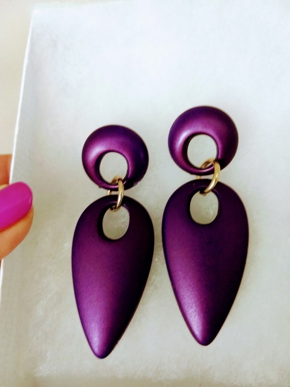 Huge Purple Dangle Earrings/Round Teardrop Caboch… - image 8