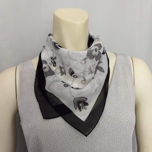 Square Silky Black White Gray Neck Wrap Scarf/Soft Silky Floral Print Scarf/Grey Flowers Print Scarf/Gift For Her/Gift Idea/N858