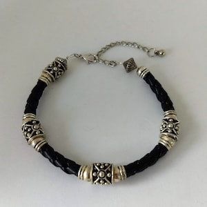 Black Leather Silver Links Bracelet/Vintage Braided  Leather Silver Décor Links Unique Boho Jewelry  Bracelet/Gift For Her/Gift Idea/N47