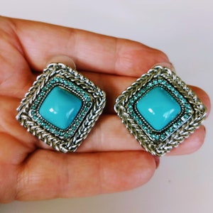 Square Blue Stone Earrings,Blue and Silver Stud Earrings,Blue Rhinestone Earrings,Faux Turquoise Silver Tone Blue Crystal Earrings.No.805