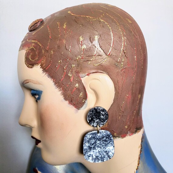 Huge Geometric Silver Grey Dangle Stud Earrings/U… - image 6