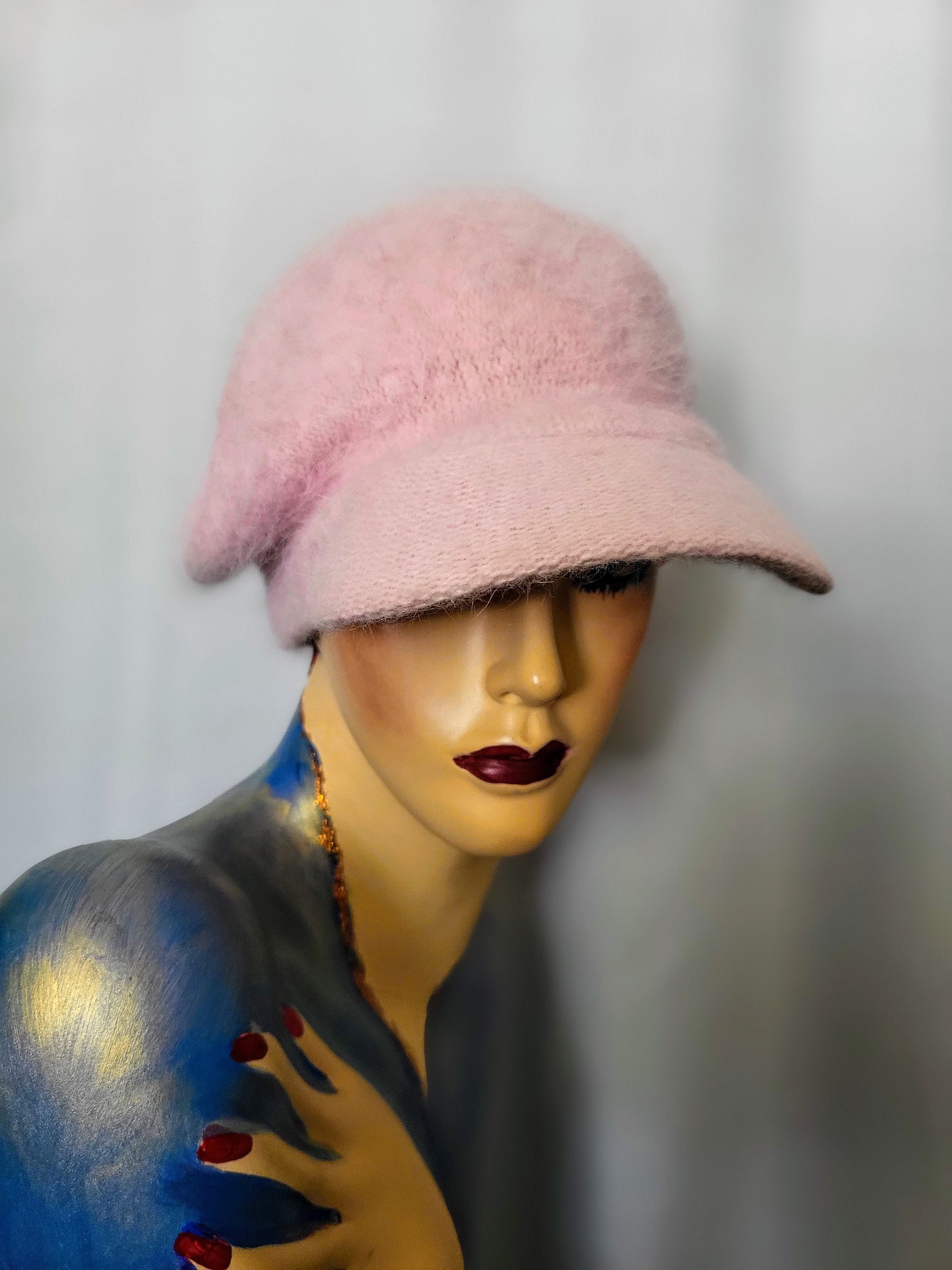 Newsboy Pink Angora Wool Winter Cup Hat/soft and Warm Pastel 
