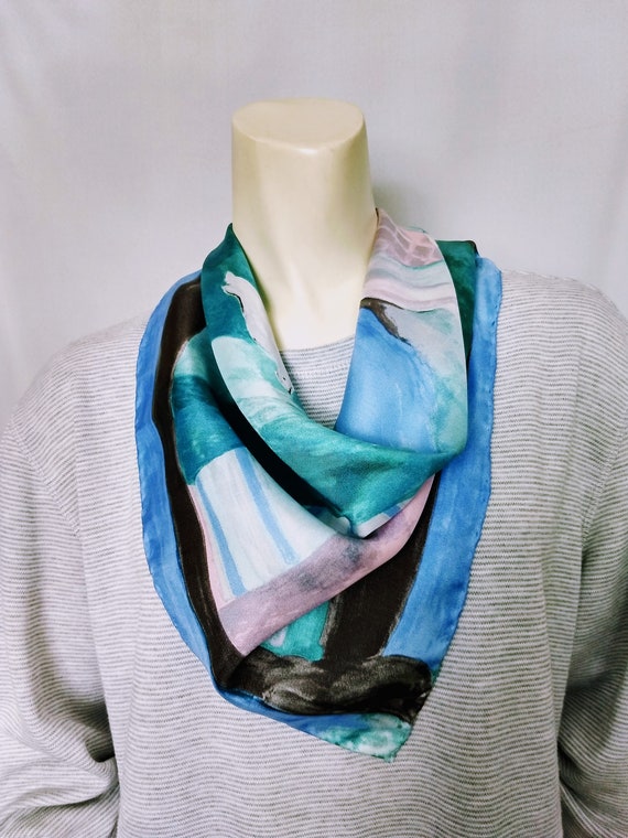 PURE SILK Pastels Colors Scarf/Ocean Blue Abstrac… - image 7