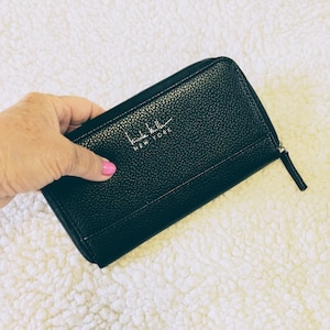 KATHY MILLER Cartera de mujer de piel sintética, Cartera clásica negra con cremallera, Cartera con múltiples compartimentos, Cartera de diseñador, Regalo para ella, No.830