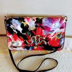 RARE FIND/Auténtico bolso de hombro de cuero lacado genuino SHARIF/monedero multicolor pintado a mano/decoración de serpientes 3D bolso de diseñador de Nueva York/No.821