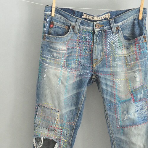 Hand Made Patched Denim Embowered Slime Jeans / Reworked - Etsy