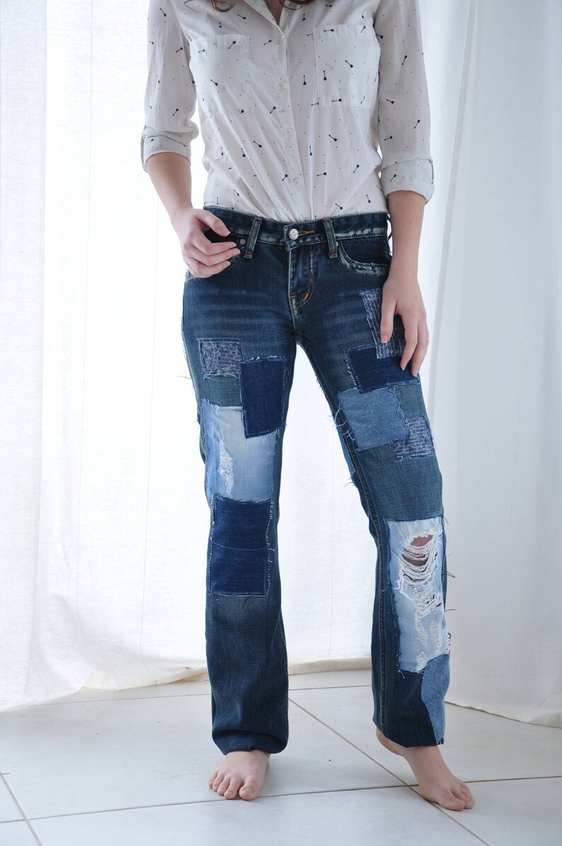 Apcycled Reworked Vintage Patched Jeans redone vintage jeans Etsy