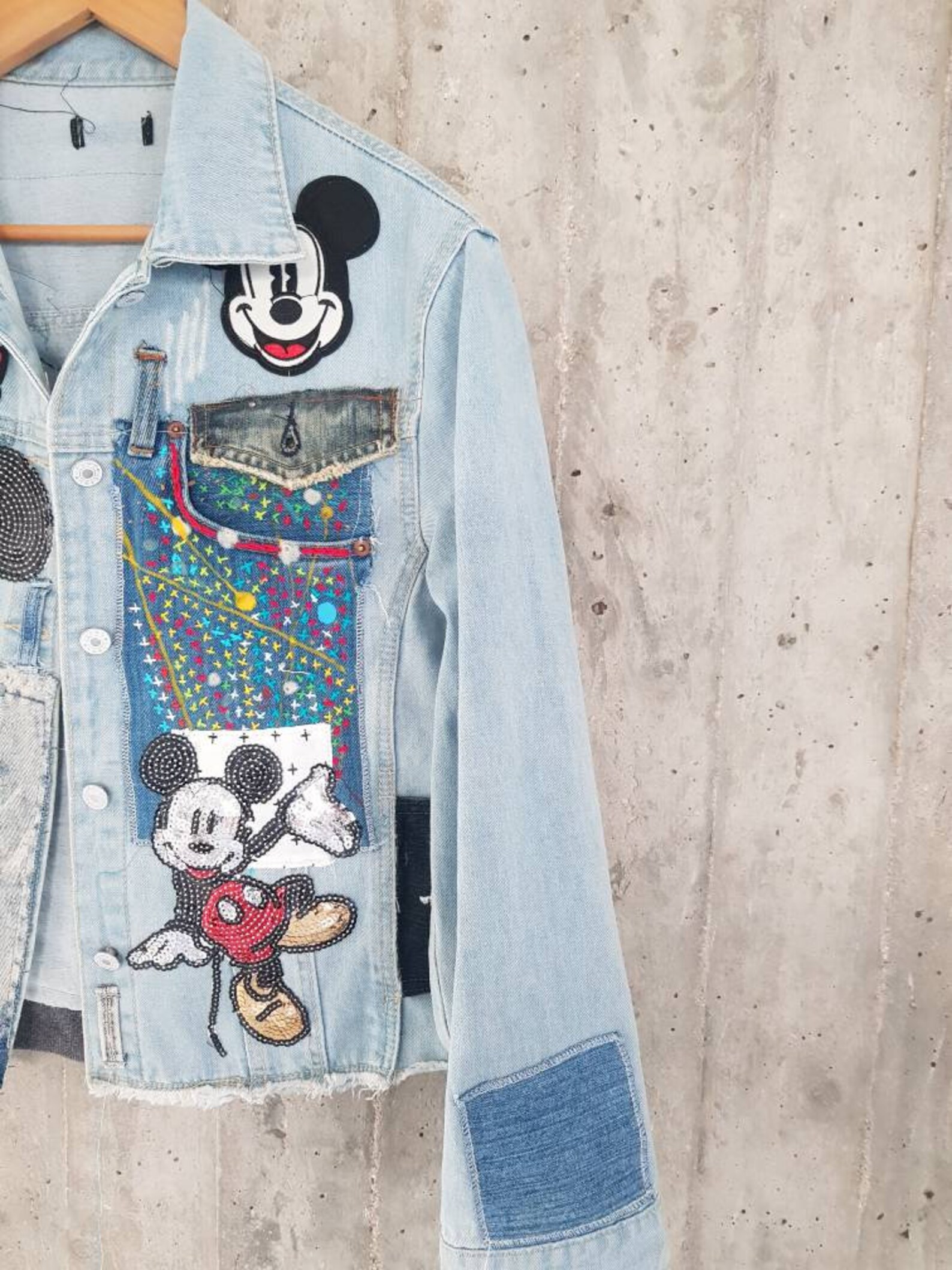 Mickey Mouse Patched Denim Jacket/ / Reworked Vintage Jacket Etsy