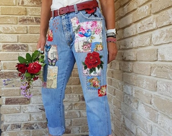 Patched Denim / Patched Jeans / Reworked Vintage Jeans With Patches ...