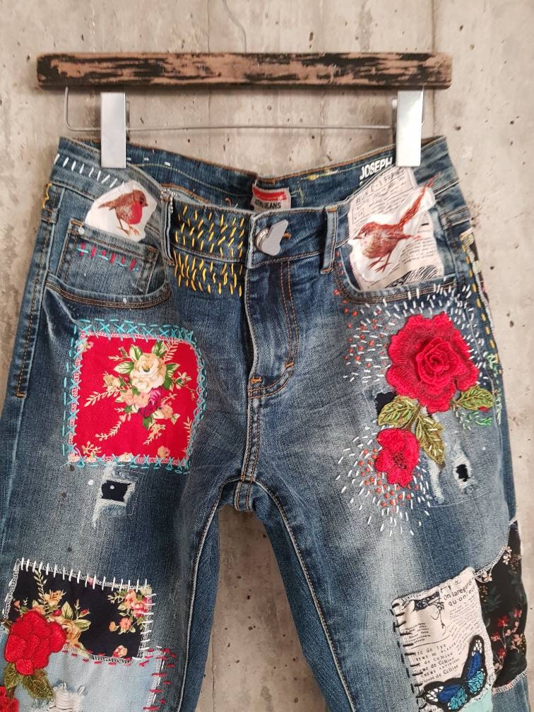 Hand Made Patched Denim Embowered Slime Jeans / Reworked - Etsy Israel