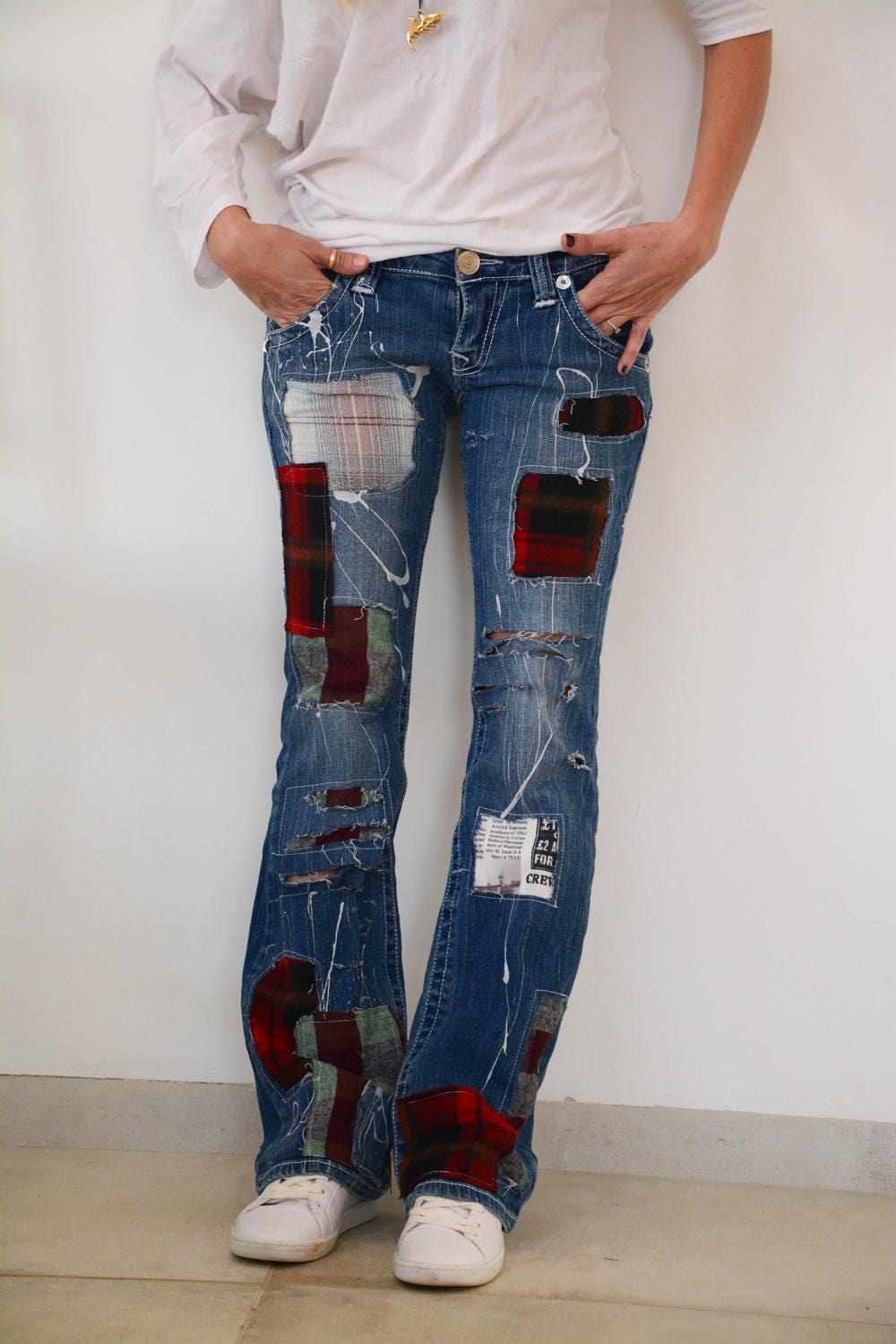 red patch jeans