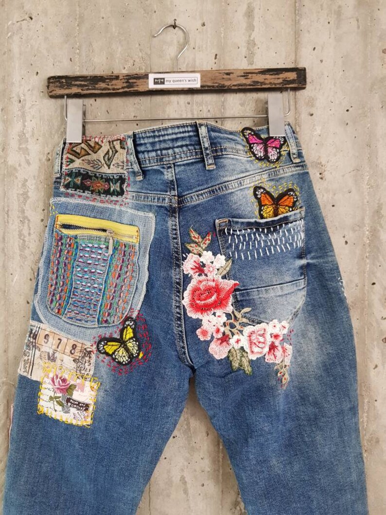 Denim Denim Jeans Lightweight Jeans Pants Patched Women Etsy