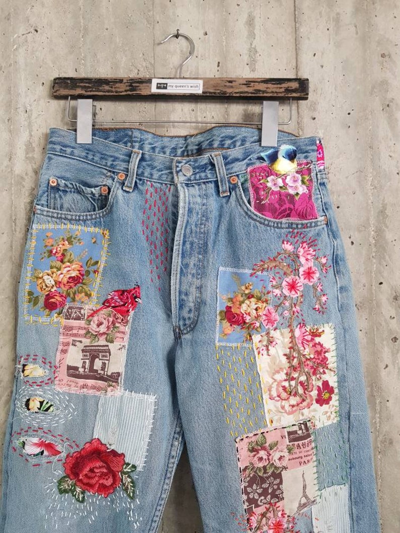 Patched Denim / Patched Jeans / Reworked Vintage Jeans With - Etsy