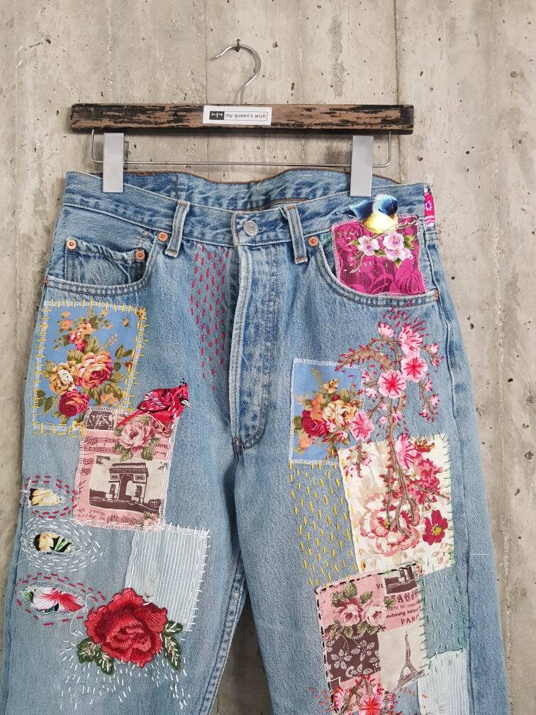 Patched Denim / Patched Jeans / Reworked Vintage Jeans With - Etsy Israel