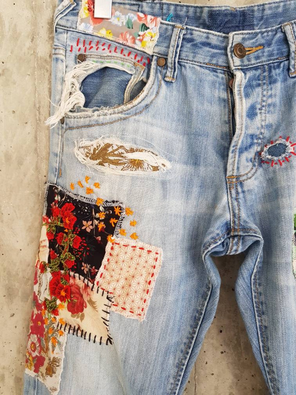 Patched Denim / Patched Jeans / Reworked Vintage Jeans With | Etsy