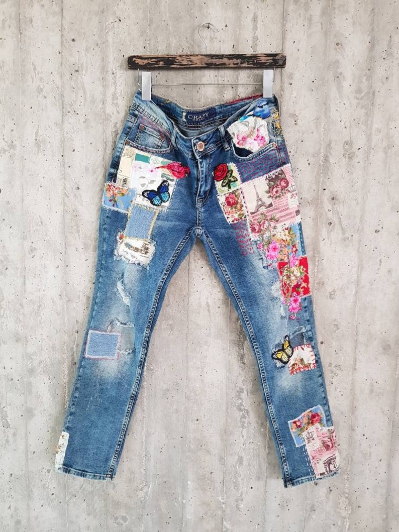 Denim Denim Jeans Lightweight Jeans Pants Patched Women - Etsy