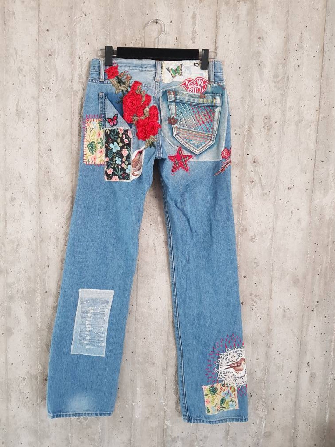 Hand made Patched Denim embowered slime Jeans / Reworked | Etsy