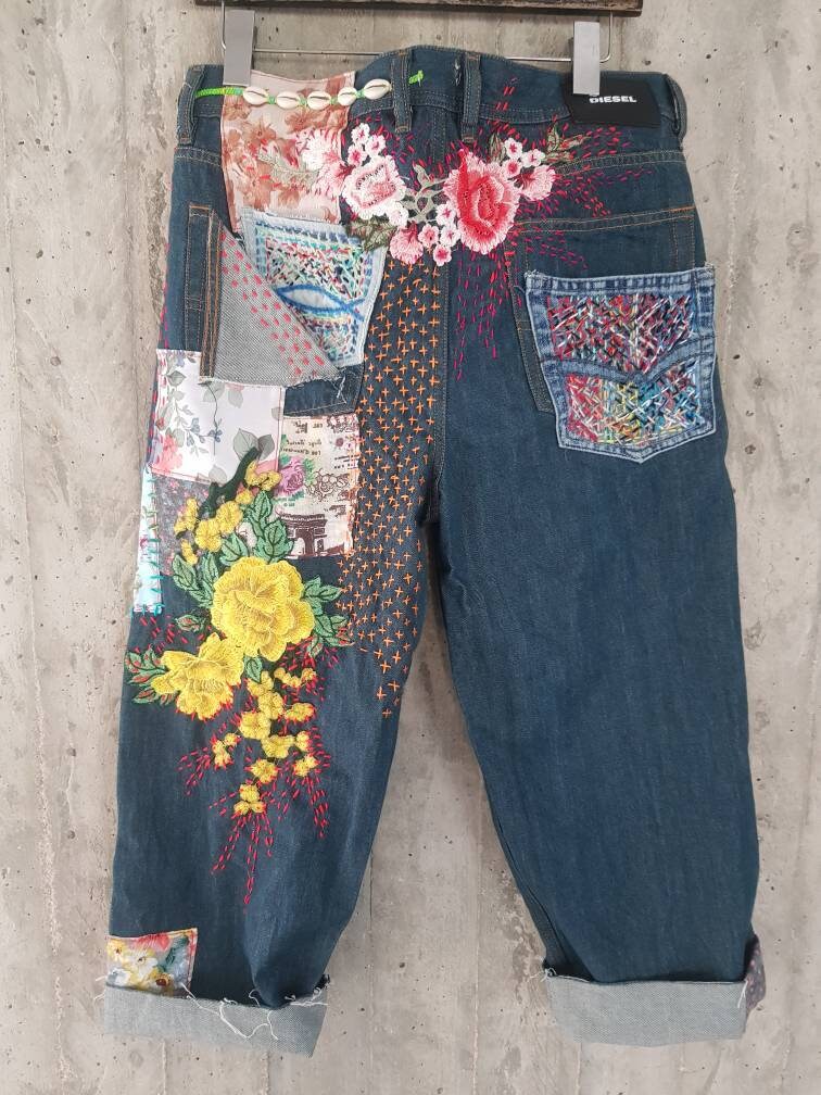 Woman Jeans Vintage Upcycled Denim Hand Made Embroidered - Etsy