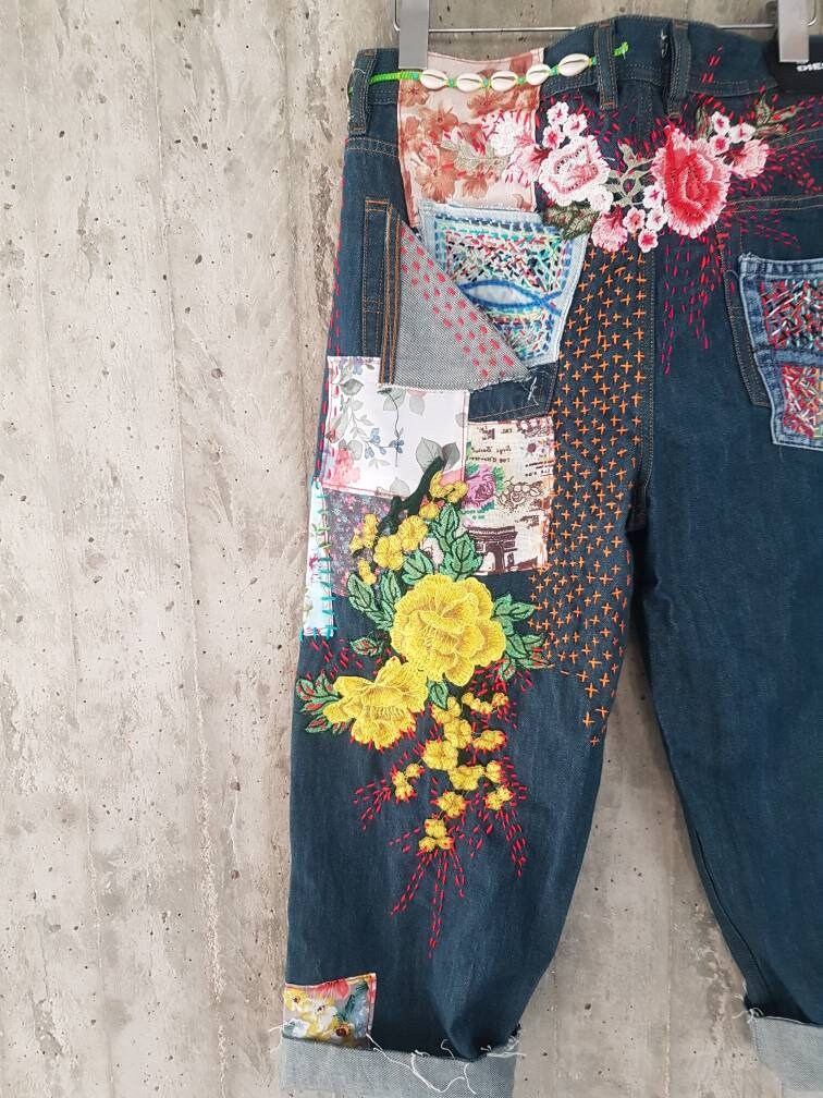 Woman Jeans Vintage Upcycled Denim Hand Made Embroidered - Etsy