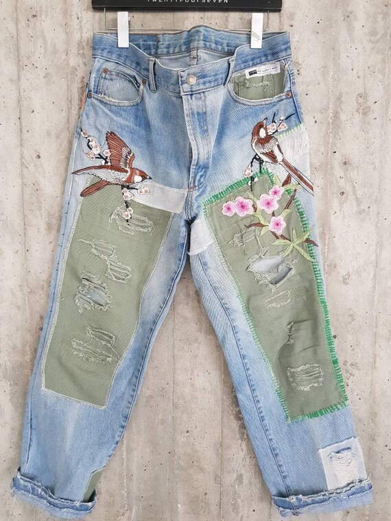 Denim parcheado/jeans parcheados/reelaborados jeans vintage | Etsy México