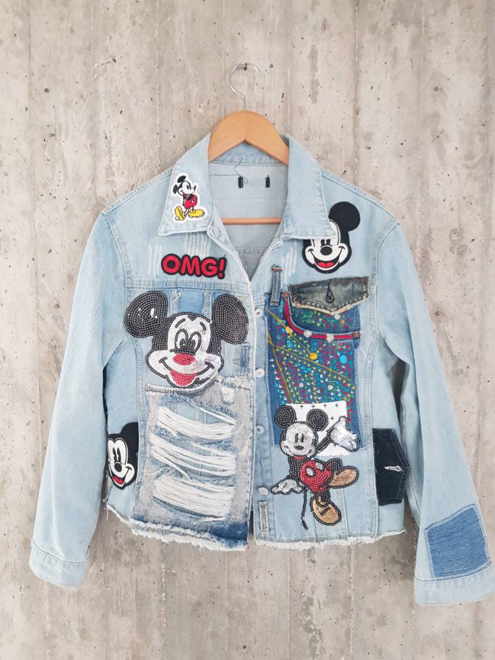 Mickey Mouse Patched Denim Jacket/ / Reworked Vintage Jacket | Etsy