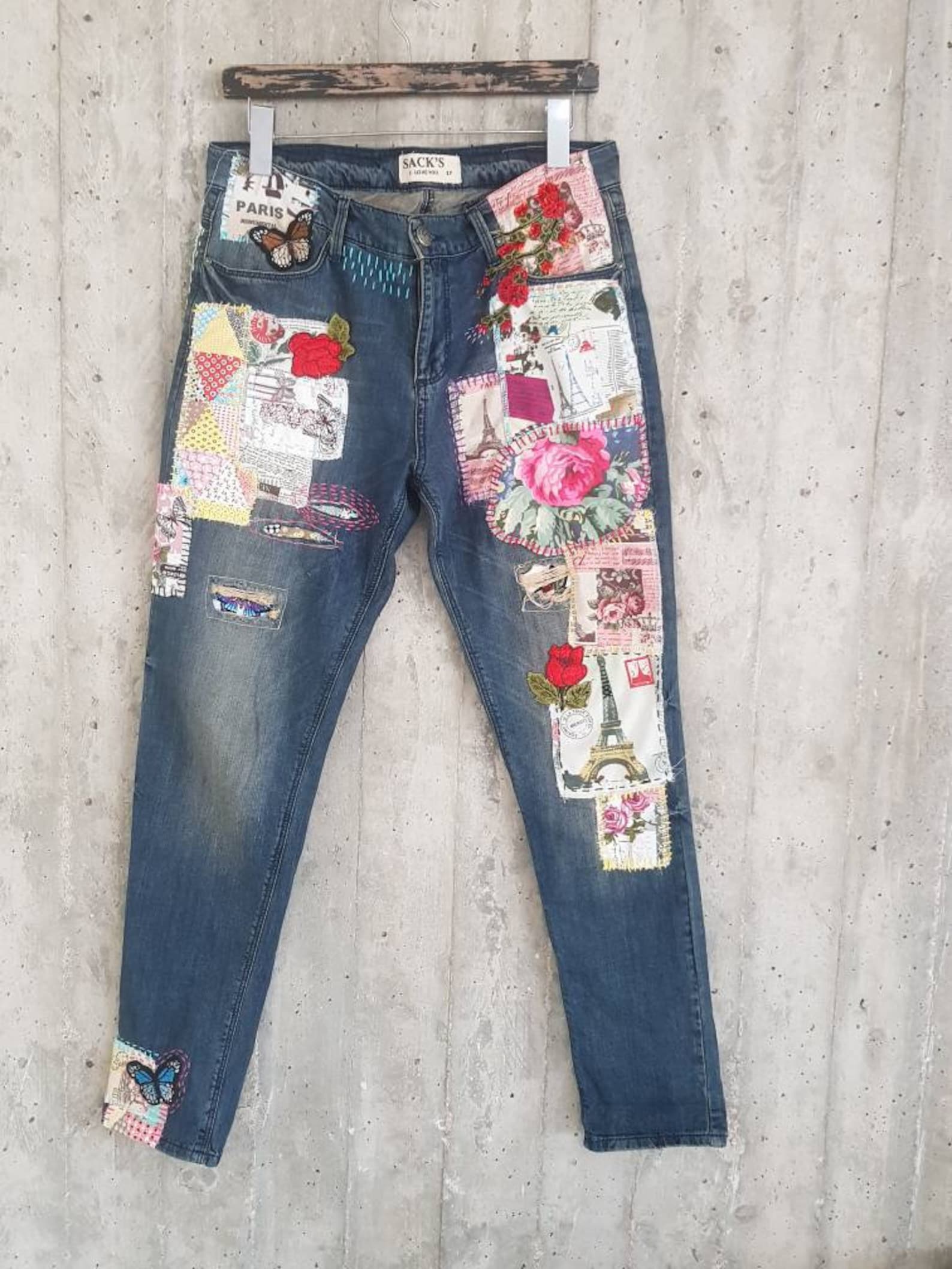 Hand Made Patched Denim Embowered Slime Jeans / Reworked - Etsy Israel