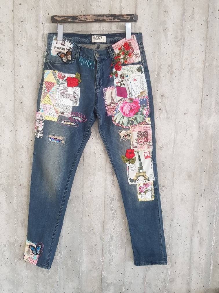 Hand Made Patched Denim Embowered Slime Jeans / Reworked - Etsy