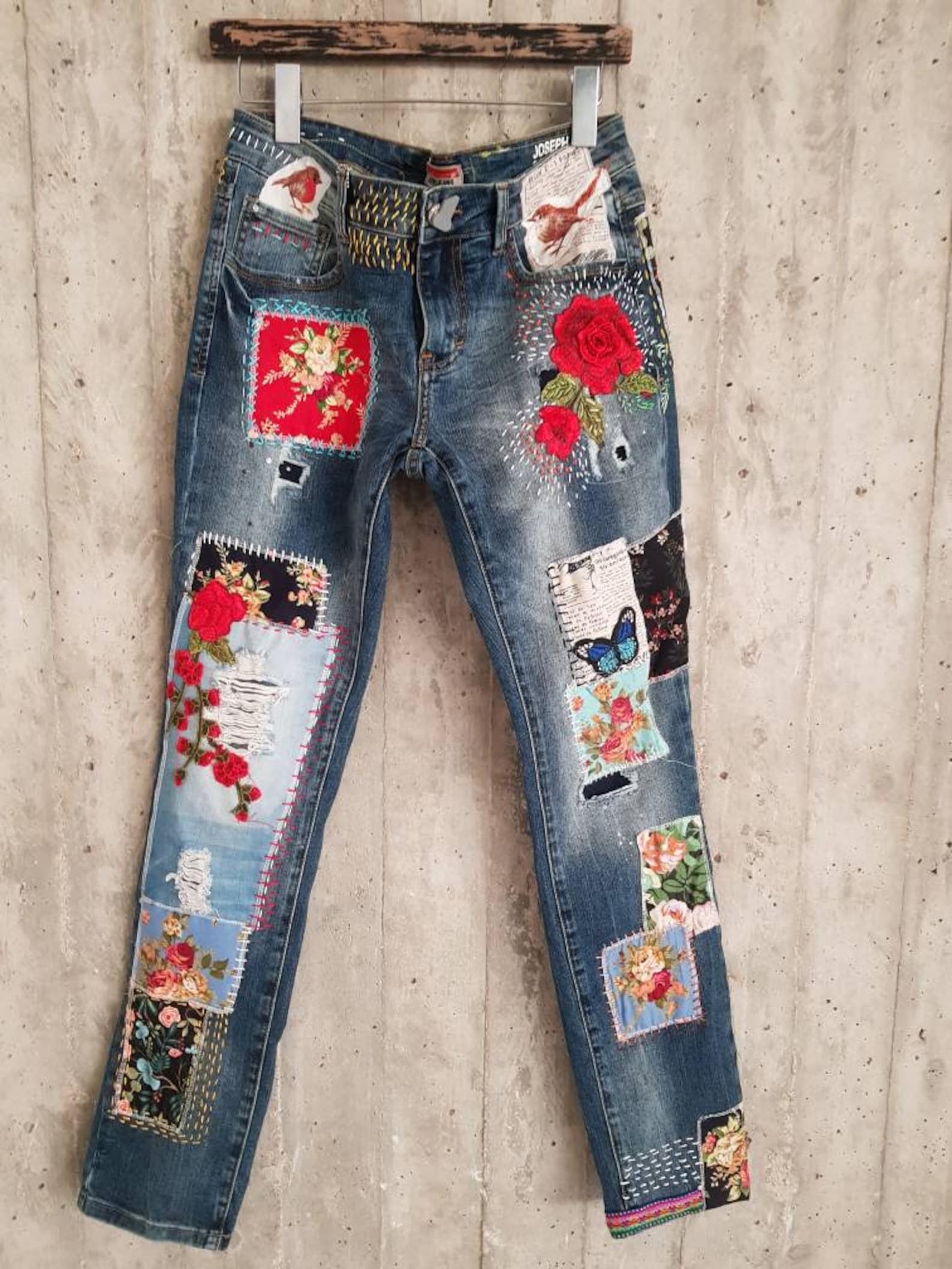 Hand Made Patched Denim Embowered Slime Jeans / Reworked - Etsy