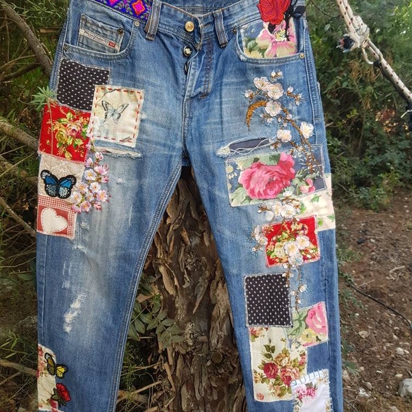 Patched Denim / Patched Jeans / Reworked Vintage Jeans with Patches /  vintage brand jeans/painted denim/redone jeans /boyfriend jeans/