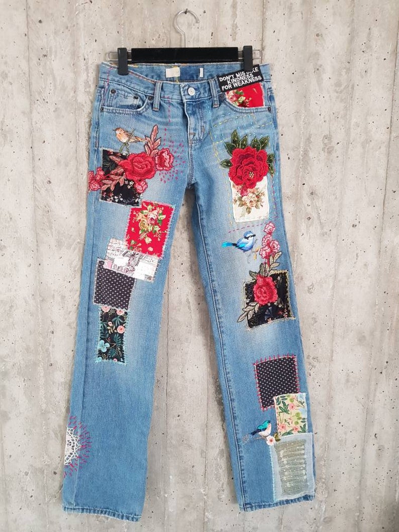 Hand Made Patched Denim Embowered Slime Jeans / Reworked - Etsy Israel