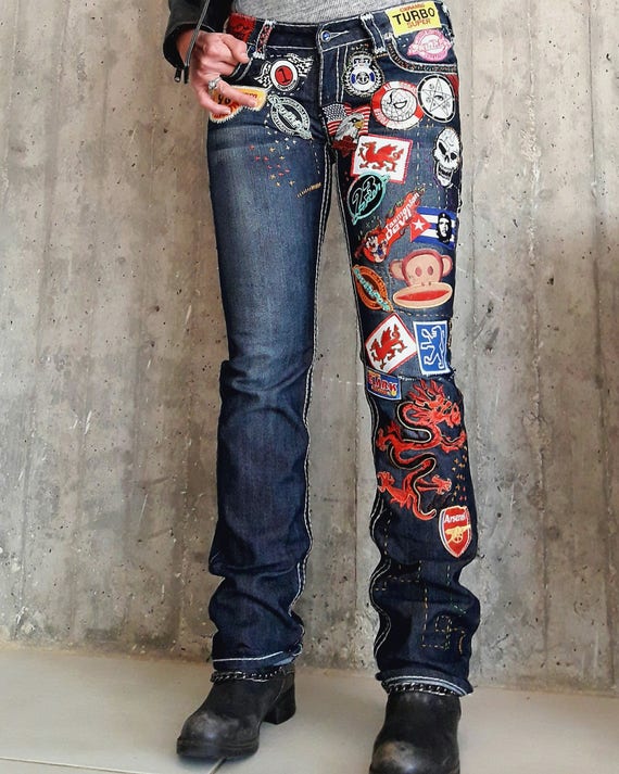 MyQueensWish Patched Denim / Patched Jeans / Reworked Vintage Jeans with Patches / Vintage Brand jeans/painted denim/redone Jeans /Boyfriend Jeans/