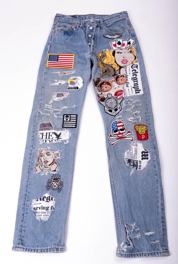 MyQueensWish Patched Denim / Patched Jeans / Reworked Vintage Jeans with Patches / Vintage Brand jeans/painted denim/redone Jeans /Boyfriend Jeans/