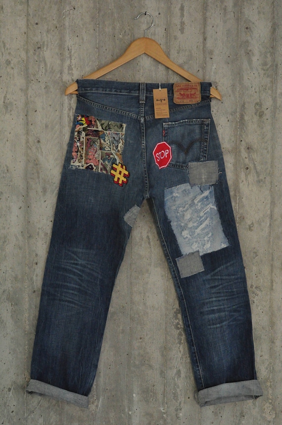 Levis 501 Hand Made Embroidery Unique Patches High Waisted Mom - Etsy