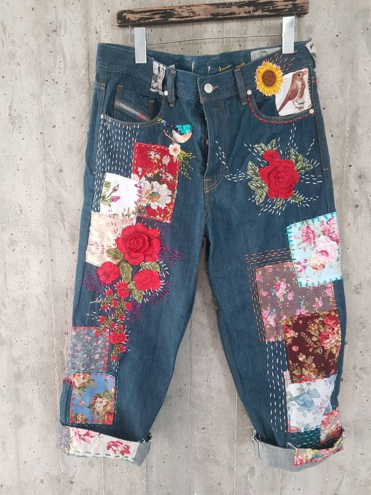 Woman Jeans Vintage Upcycled Denim Hand Made Embroidered - Etsy