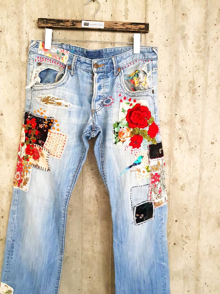 Patched Denim / Patched Jeans / Reworked Vintage Jeans with | Etsy