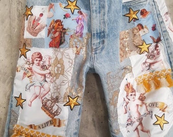 Reworked Vintage Levi's Jeans with Patches / Redone denim vintage levi's jeans / Boyfriend Mom jeans