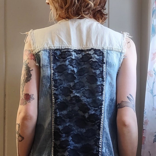 Upcycled Denim Vest Collarless Bleached Lace Back Frayed Hems Festival Summer Reworked Hippie Boho Vest Womens Small